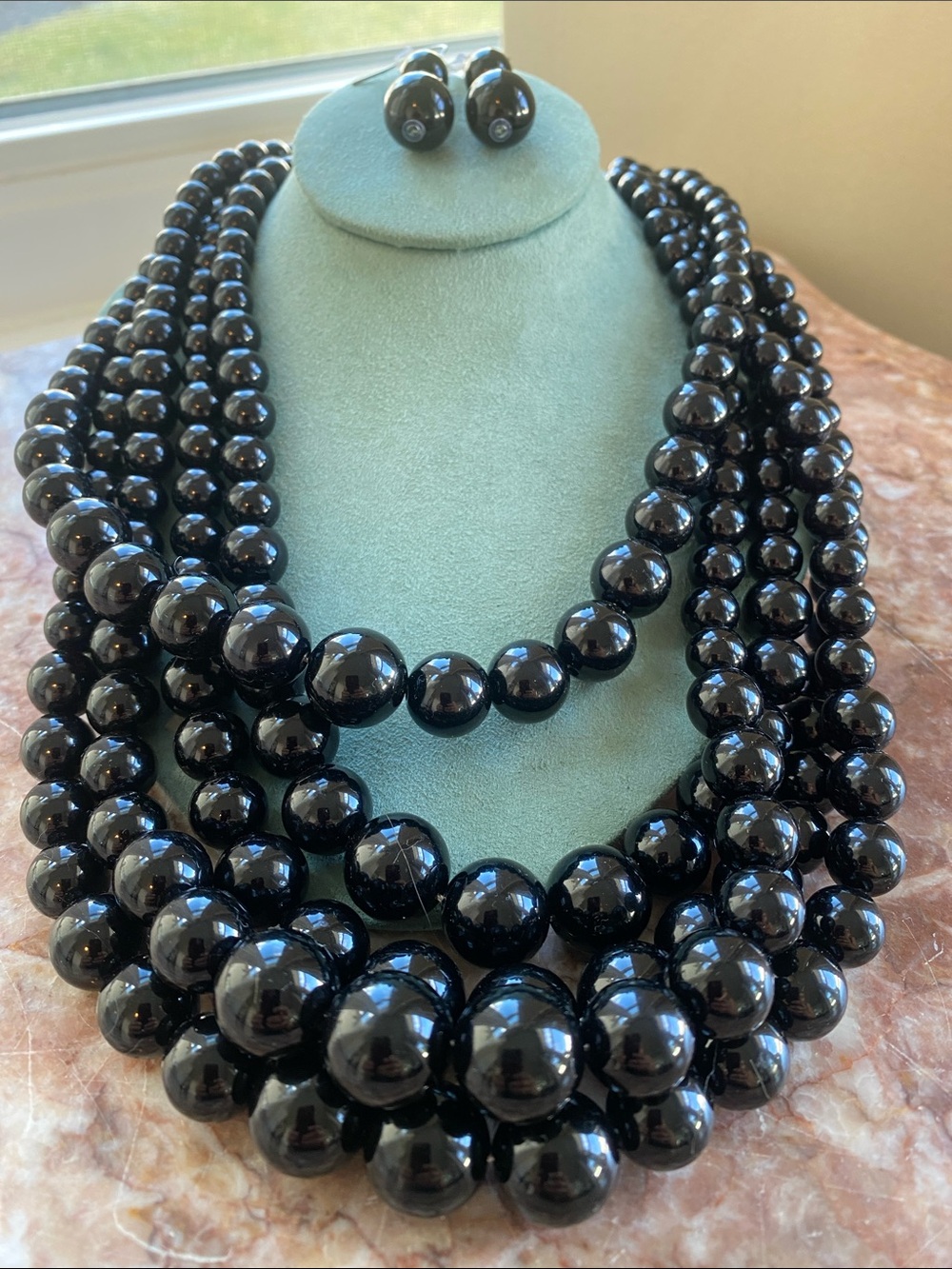 Statement Black Multi-Strand Beaded Necklace with Matching Earrings